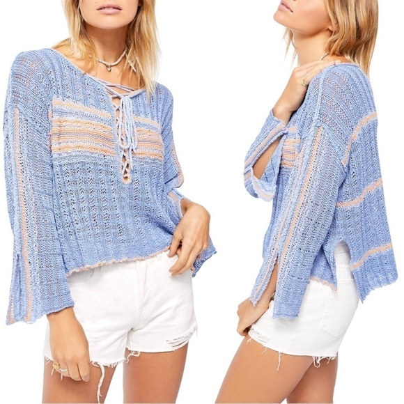 FREE PEOPLE Marina Bay Lace-Up Sweater in Sunset Combo Size Small Bell Sleeve - Picture 3 of 16